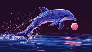 跃海海豚伴粉月奇幻景