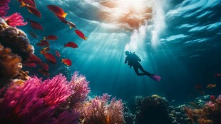 潜水者畅游缤纷海底世界