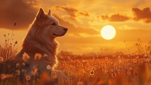 夕阳下的狗狗守望美好