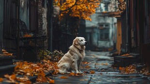 秋日巷中独坐的金毛犬