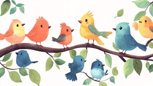 枝头多彩小鸟快乐相聚