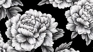 黑白牡丹花卉无缝图案