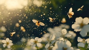 蜜蜂花间飞舞 阳光洒落