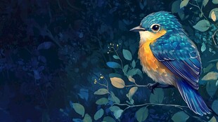 蓝羽黄腹小鸟栖于枝叶间