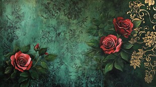 复古绿底红玫瑰装饰背景