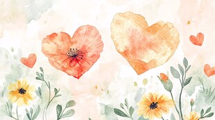 心形花卉水彩浪漫插画