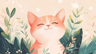 微笑橘猫置身清新绿植间