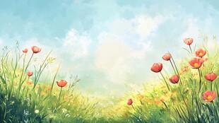 春日草地盛开的鲜艳花朵