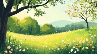 春日绿野繁花烂漫景色