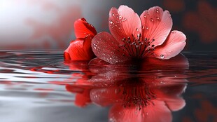 水中娇艳桃花带露绽放