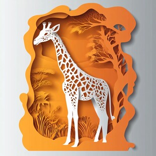 纸雕长颈鹿的非洲草原图景