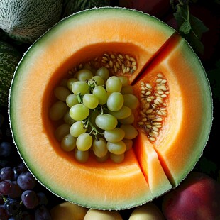 切开的哈密瓜与葡萄组合