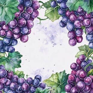 水彩绘紫葡萄绿叶边框图