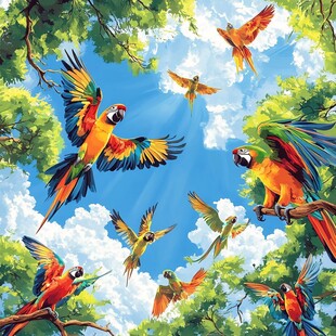 群鹦鹉于林间蓝天飞舞