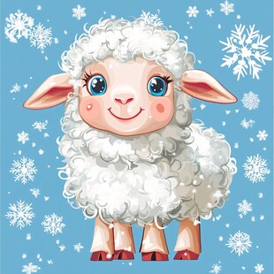 可爱绵羊在雪花中微笑