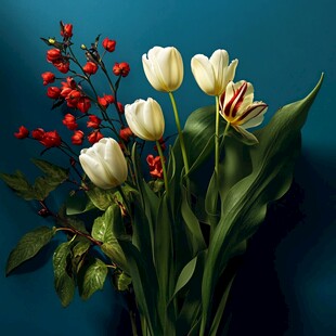 蓝背景下的白郁金香与红果