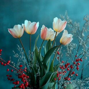 粉色郁金香与红果绿植搭配