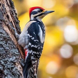 啄木鸟栖息树干瞬间