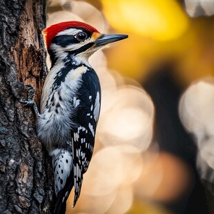红顶啄木鸟栖息树干瞬间