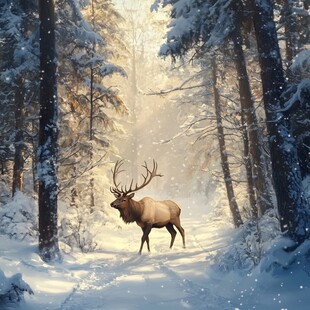 雪林独鹿的静谧冬日图景