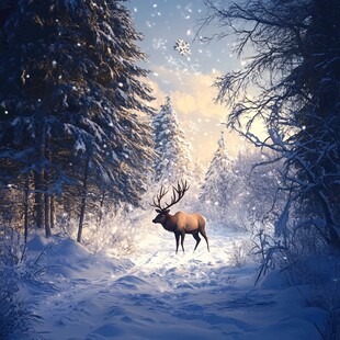 雪林中的麋鹿梦幻景象