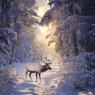 雪林驯鹿 冬日梦幻自然景象