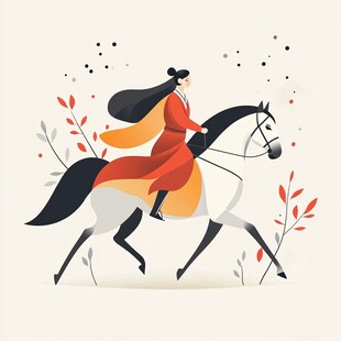 红衣女子策马驰骋图