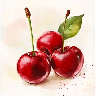 水彩画中的三颗红樱桃