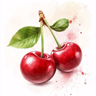 水彩画中的两颗鲜红樱桃