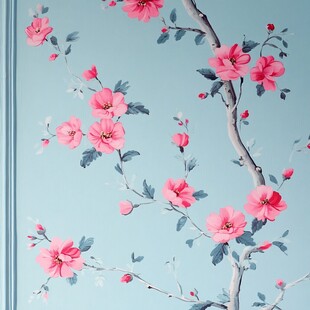 浅蓝色墙面上的粉色花卉