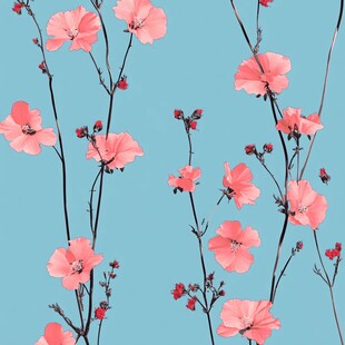 蓝底粉色花卉清新图案