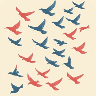 红蓝飞鸟群飞图案设计
