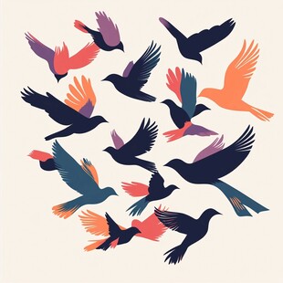 群鸟纷飞的多彩剪影图案