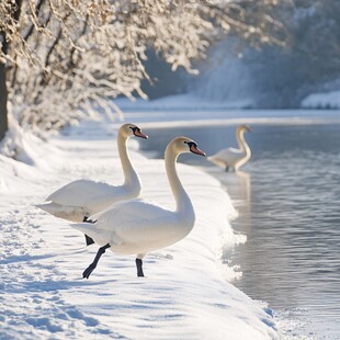 冬日湖畔的优雅天鹅