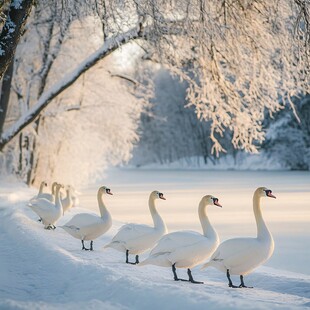 雪地上的优雅天鹅队列