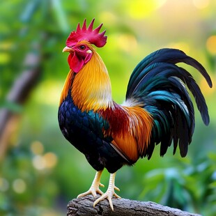 五彩斑斓的公鸡立于枝头