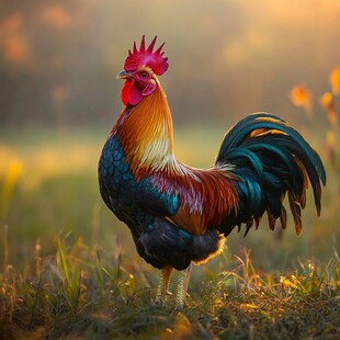 五彩雄鸡立于晨野