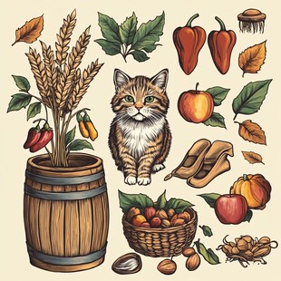 田园风猫咪与丰收元素