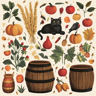 秋日田园黑猫与丰收元素
