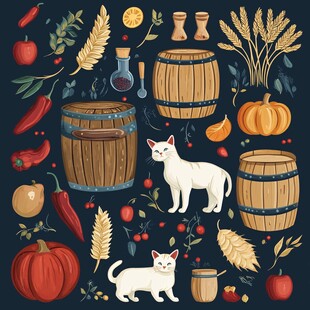 田园风酒桶蔬果猫咪插画