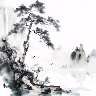 水墨孤松山水意境图