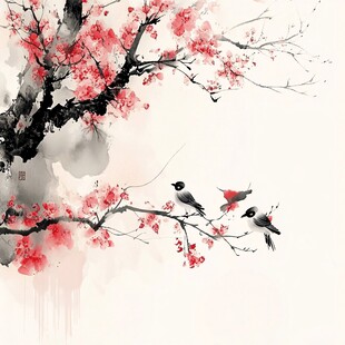 水墨红梅栖鸟图