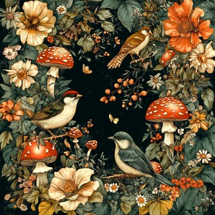 花鸟蘑菇构成的奇幻森林图景