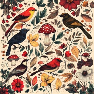 花鸟共生的自然缤纷图景