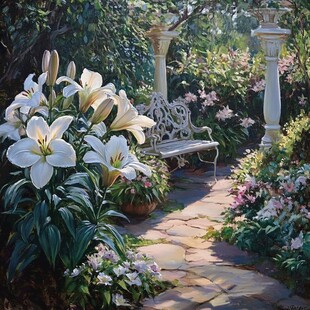 花园中的百合与休憩长椅