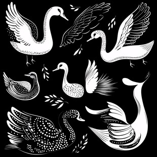 黑白手绘天鹅图案素材
