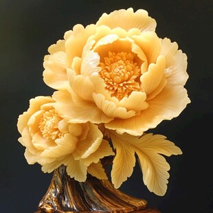 黄玉雕琢双朵娇艳牡丹花