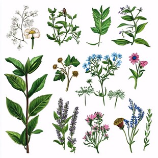 手绘多样草本花卉植物图