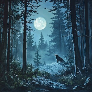 月夜森林中的孤狼