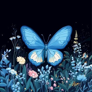 夜中蓝蝶舞于繁花之间